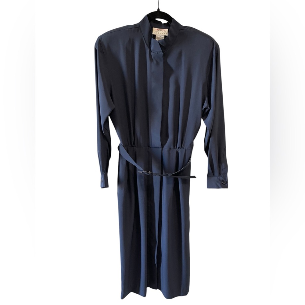 Talbots Petites Vintage 90's Dress Navy Belt Button Up long sleeve size 12